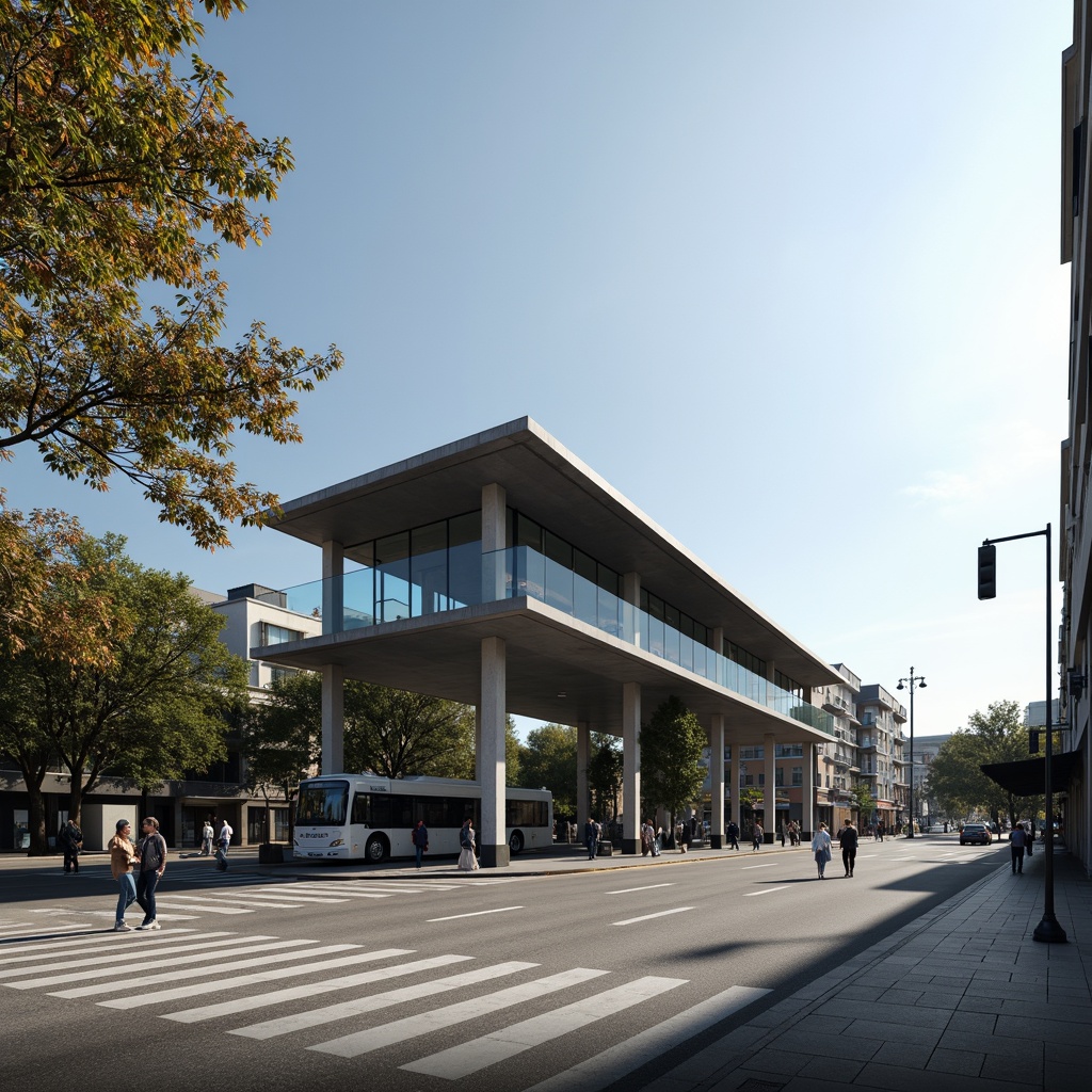 Prompt: Modern bus station, sleek glass fa\u00e7ade, minimalist architecture, cantilevered roofs, clean lines, industrial materials, steel beams, concrete walls, urban cityscape, busy streets, morning commute, natural light pouring in, shallow depth of field, 3/4 composition, panoramic view, realistic textures, ambient occlusion.