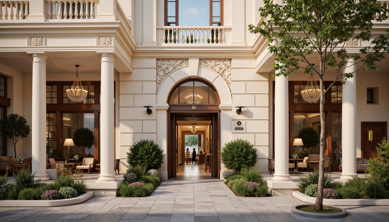 Prompt: Elegant hotel facade, neoclassical architecture, cream-colored stone walls, ornate columns, grand entrance, revolving doors, luxurious lobby, high ceilings, crystal chandeliers, rich wood paneling, academic-inspired decor, vintage furniture, sophisticated color palette, natural stone flooring, intricate moldings, classical pediments, modern amenities, energy-efficient systems, green roofs, floor-to-ceiling windows, soft warm lighting, shallow depth of field, 2/3 composition, realistic textures, ambient occlusion.