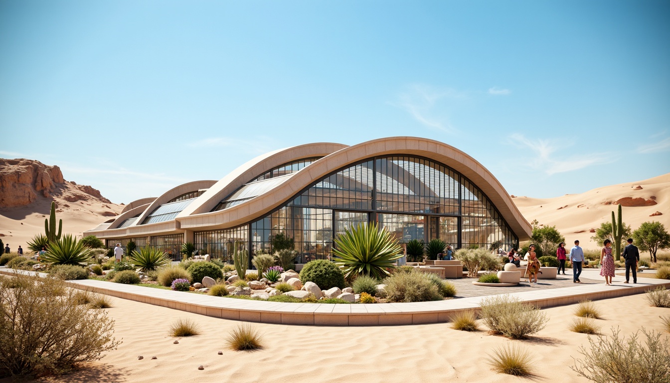 Prompt: Desert greenhouse, futuristic architecture design, curved glass roof, automatic ventilation systems, evaporative cooling, misting systems, shading devices, solar screens, thermal mass walls, insulated panels, climate-controlled environment, hot arid climate, cactus plants, succulent species, sandy terrain, clear blue sky, innovative irrigation systems, drip irrigation, water conservation methods, sustainable energy solutions, photovoltaic panels, wind turbines, green roofs, eco-friendly materials, Arabic-inspired patterns, vibrant colorful textiles.