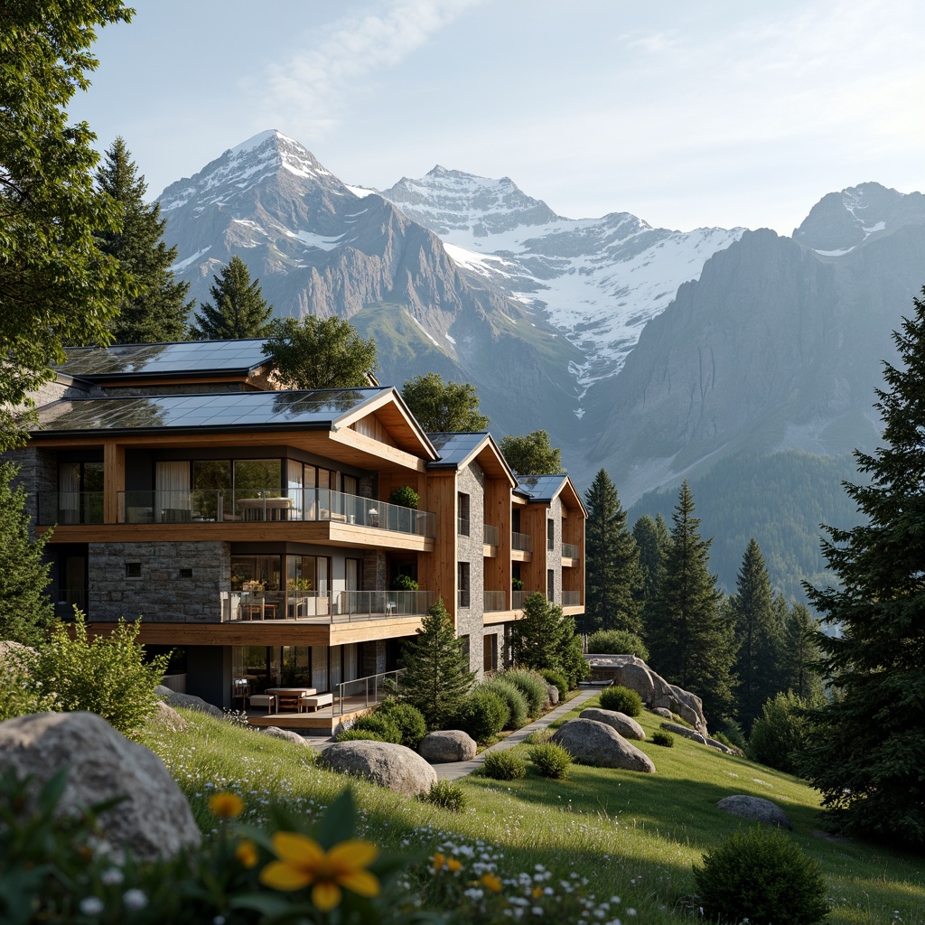 Prompt: Mountainous terrain, snow-capped peaks, lush alpine forests, eco-friendly buildings, sustainable materials, green roofs, solar panels, wind turbines, rainwater harvesting systems, natural stone facades, wooden accents, earthy tones, cozy interiors, floor-to-ceiling windows, panoramic views, minimalist decor, energy-efficient appliances, recycling facilities, composting areas, organic gardens, serene ambiance, soft warm lighting, shallow depth of field, 3/4 composition, realistic textures, ambient occlusion.