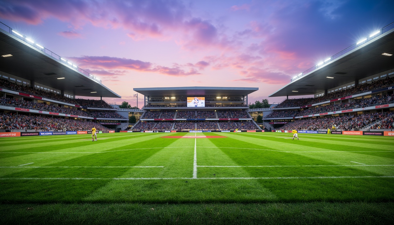 Prompt: Lush green grass, sports field markings, goalposts, bleachers, athletic tracks, modern stadium architecture, sleek steel structures, retractable roofs, natural ventilation systems, LED scoreboard displays, floodlighting, evening sunset ambiance, shallow depth of field, 1/2 composition, panoramic view, realistic textures, ambient occlusion, vibrant team colors, dynamic crowd scenes.