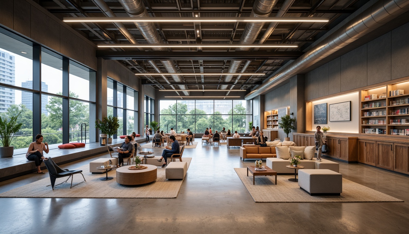 Prompt: Contemporary library interior, international style, sleek lines, minimalist decor, polished concrete floors, steel beams, exposed ductwork, floor-to-ceiling windows, natural light, energy-efficient systems, sustainable materials, reclaimed wood accents, eco-friendly furniture, recycled plastic chairs, LED lighting, geometric patterns, bold color schemes, collaborative workspaces, quiet reading areas, advanced technology integration, digital media walls, virtual reality zones, 3D printing stations, makerspaces, open layout, flexible shelving systems, minimalist book displays, comfortable lounge seating, warm atmospheric lighting, shallow depth of field, panoramic view.