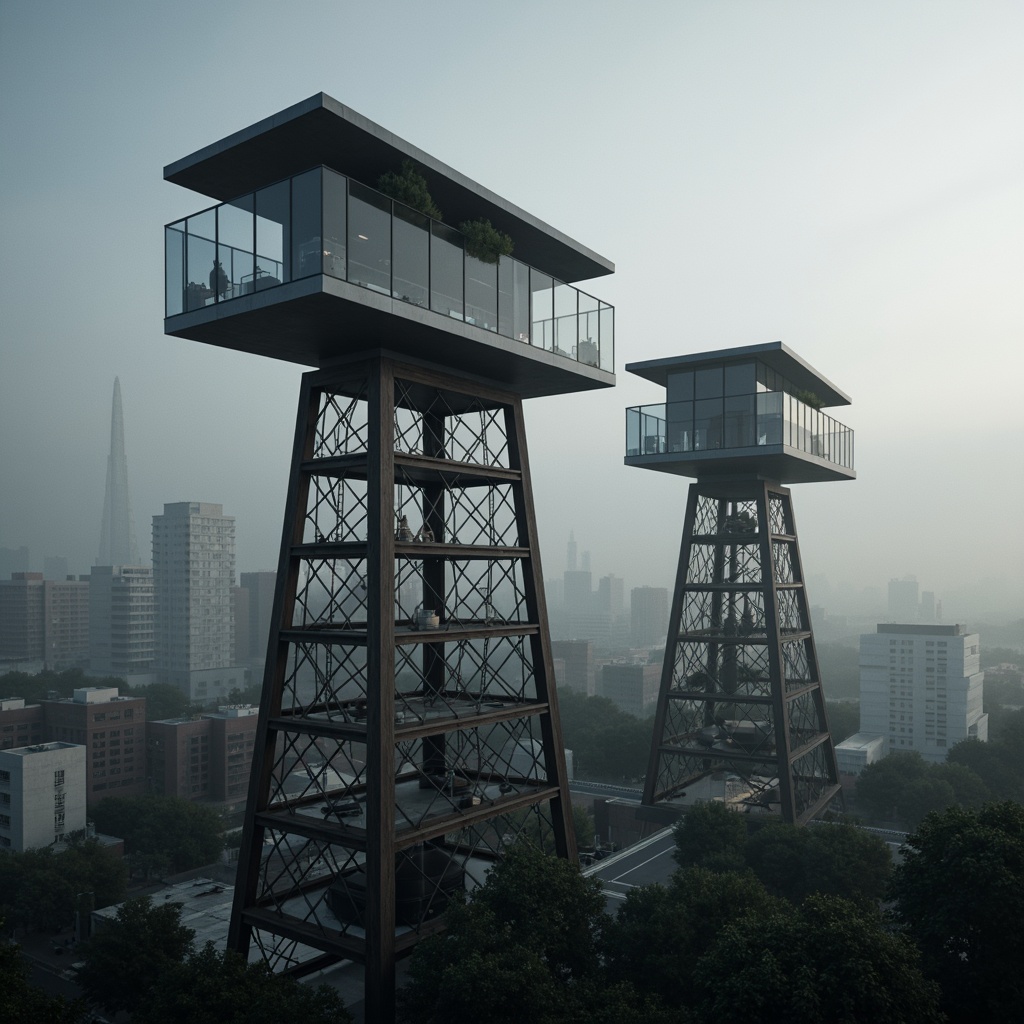 Prompt: Sleek watchtowers, modernist architecture, angular lines, minimalist design, steel frames, glass facades, cantilevered structures, geometric patterns, industrial materials, urban landscapes, city skylines, dramatic lighting, high-contrast shadows, 1/2 composition, low-angle shot, moody atmosphere, atmospheric fog, misty morning, cinematic mood.