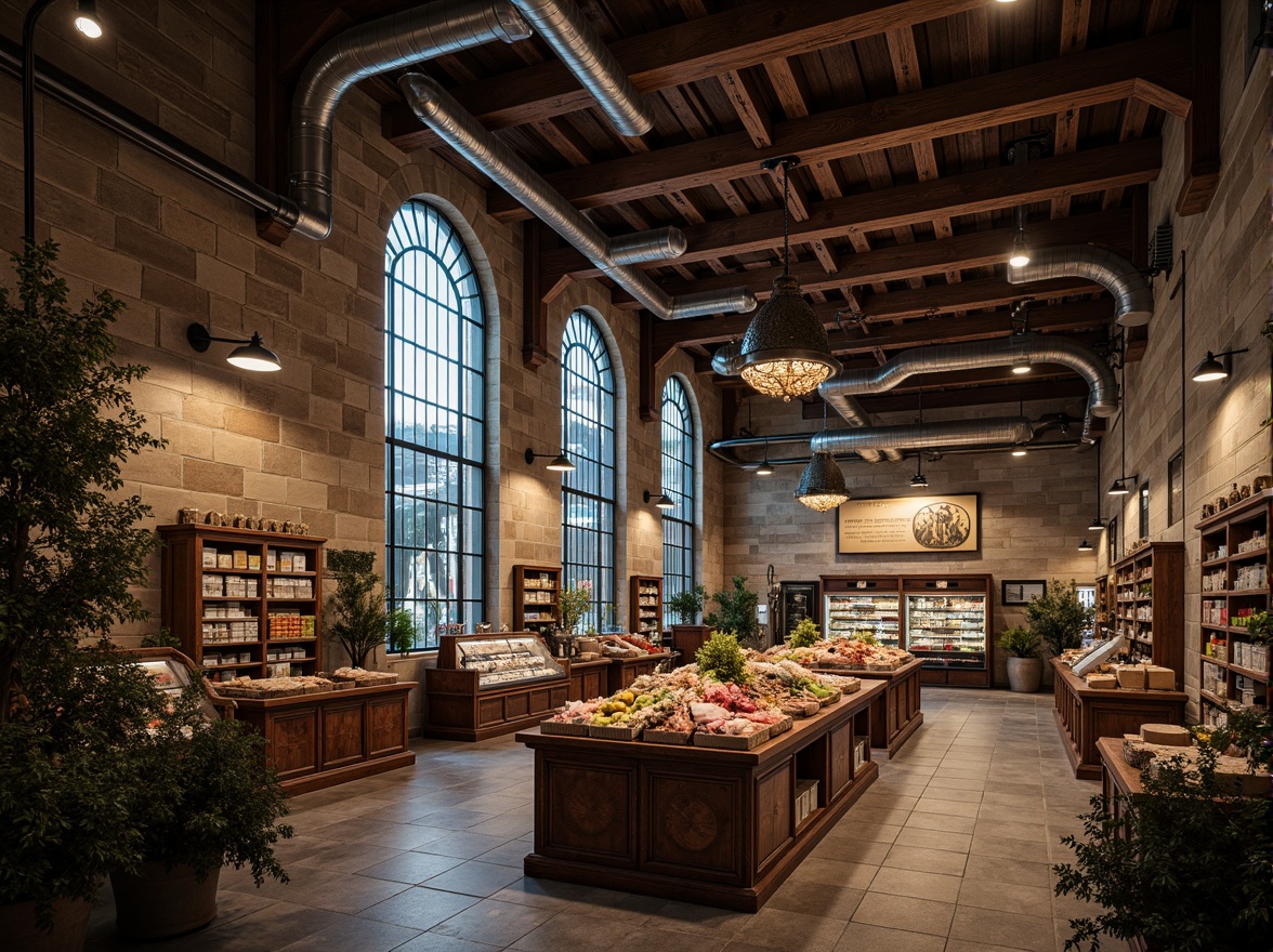 Prompt: Gothic-inspired grocery stores, ornate stone fa\u00e7ades, pointed arch windows, ribbed vault ceilings, intricate carvings, mysterious ambiance, dim warm lighting, rich wood accents, metal lanterns, stained glass decorations, grand high ceilings, open concept shelving, exposed ductwork, industrial-chic flooring, reclaimed wood crates, artisanal food displays, vintage-inspired signage, rustic wooden beams, ornate ironwork, mystical atmosphere, soft misty lighting, 1/2 composition, atmospheric perspective, detailed textures.