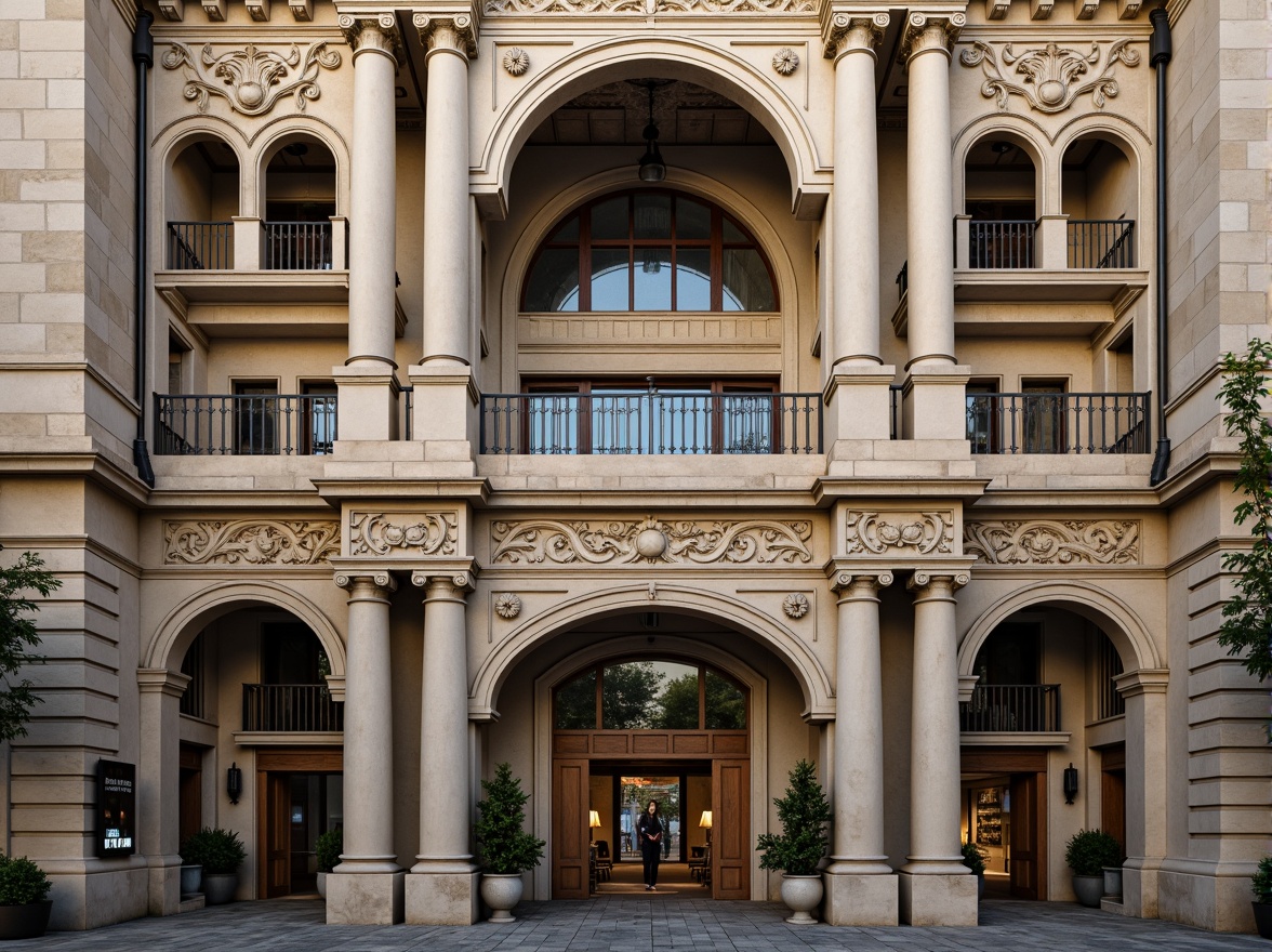 Prompt: Grandiose building facade, ornate columns, intricately carved details, symmetrical composition, grand entrance, sweeping arches, ornamental balconies, rusticated stone walls, classical pediments, decorative friezes, subtle molding, soft warm lighting, shallow depth of field, 3/4 composition, panoramic view, realistic textures, ambient occlusion.