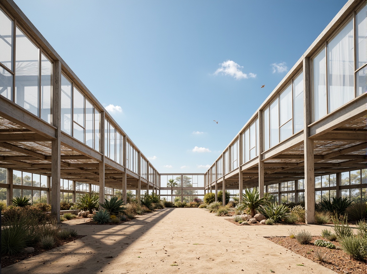 Prompt: Desert greenhouse, vast open space, transparent polycarbonate panels, misting systems, evaporative cooling technology, solar-powered ventilation, automated climate control, optimized air circulation, temperature regulation, humidity management, fogging systems, shading devices, reflective materials, water conservation strategies, arid landscape, clear blue sky, hot sunny day, cactus plants, sandy dunes.