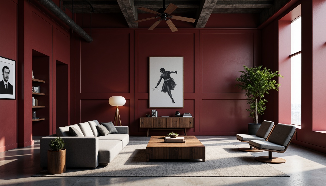 Prompt: Rich burgundy walls, geometric shapes, industrial materials, brutalist architecture, functional simplicity, minimalist decor, monochromatic color scheme, bold typography, abstract artwork, sleek metal accents, polished concrete floors, modernist furniture, avant-garde vibe, urban loft atmosphere, dramatic shadow play, low-key lighting, cinematic composition, atmospheric misting.