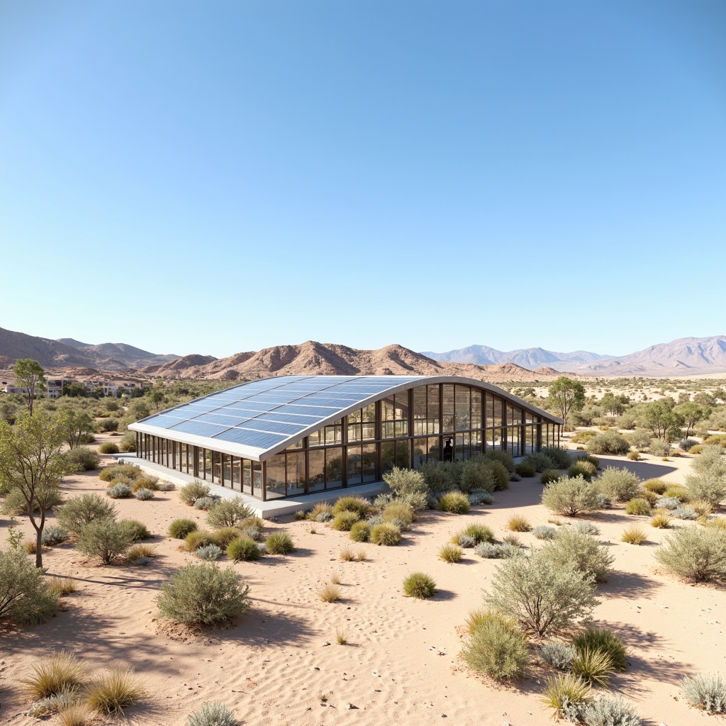 Prompt: Desert greenhouse, arid landscape, sand dunes, cactus plants, hot sunny day, clear blue sky, vast open space, futuristic architecture, curved glass surfaces, angular lines, minimalist design, sustainable energy solutions, solar panels, wind turbines, water conservation systems, green roofs, eco-friendly materials, innovative cooling technologies, shaded outdoor spaces, misting systems, evaporative cooling systems, natural ventilation, clerestory windows, roof vents, automated shading systems, climate-controlled environment, optimal temperature, humidity regulation, healthy plant growth, thriving ecosystem.