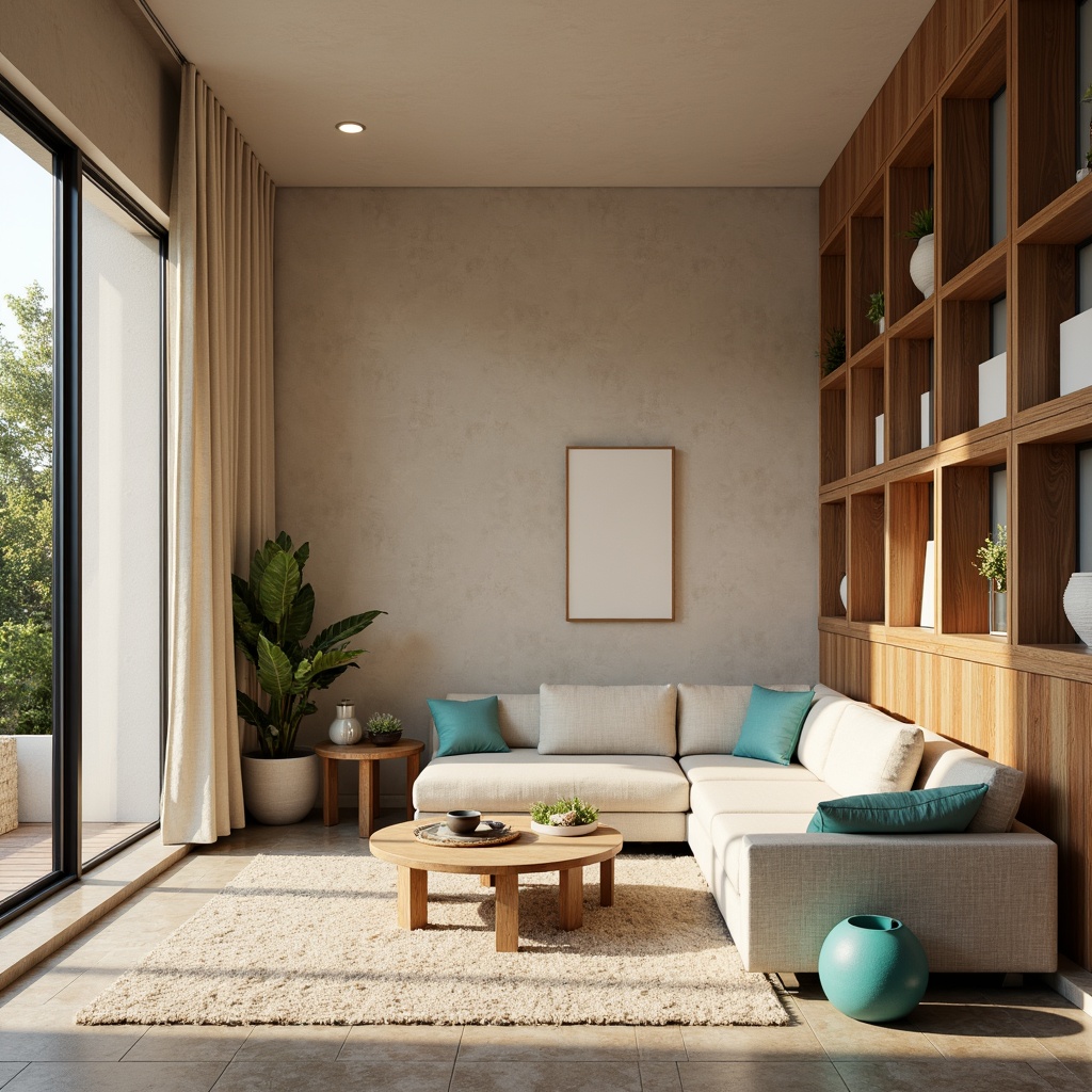 Prompt: Cozy apartment interior, warm beige walls, rich walnut wood accents, soft cream-colored furniture, vibrant turquoise decorative accessories, natural stone flooring, modern minimalist decor, floor-to-ceiling windows, abundant sunlight, softbox lighting, 1/2 composition, intimate atmosphere, realistic textures, subtle shading.