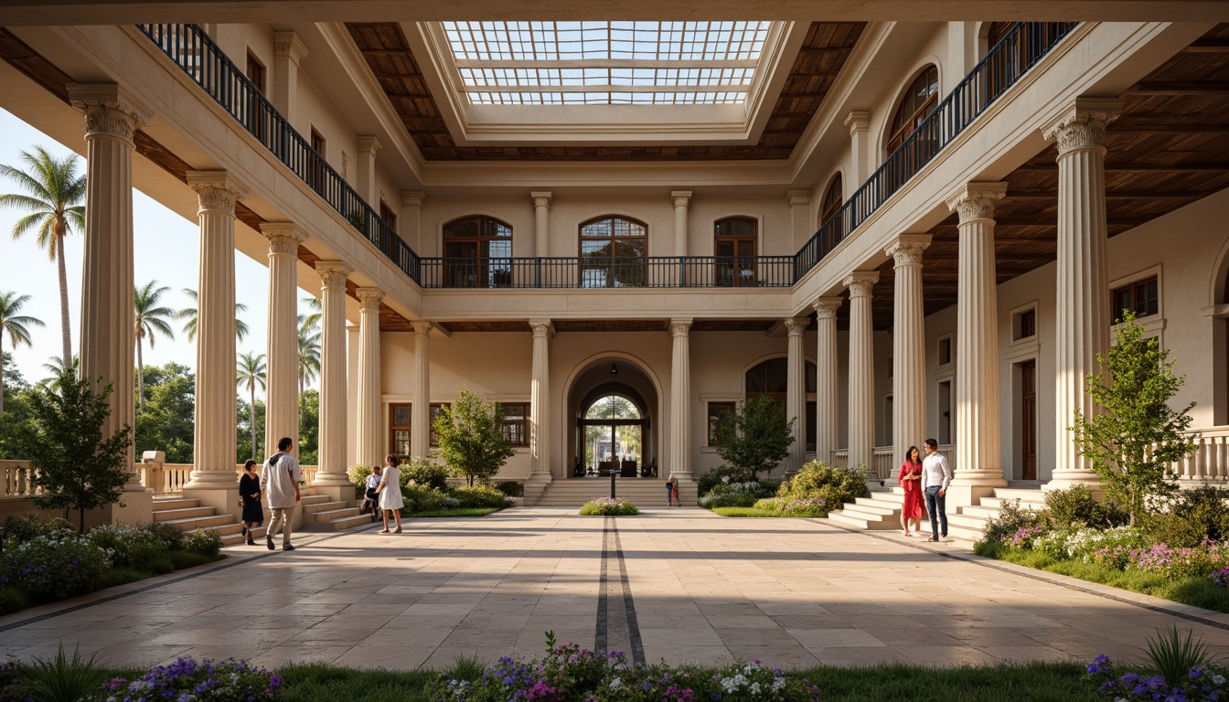 Prompt: Grand pavilion, classic columns, ornate details, symmetrical facade, grand entrance, sweeping staircases, high ceilings, natural ventilation systems, large windows, wooden shutters, decorative louvers, ornate metalwork, intricate stonework, soft warm lighting, shallow depth of field, 3/4 composition, panoramic view, realistic textures, ambient occlusion, lush greenery, blooming flowers, sunny day.