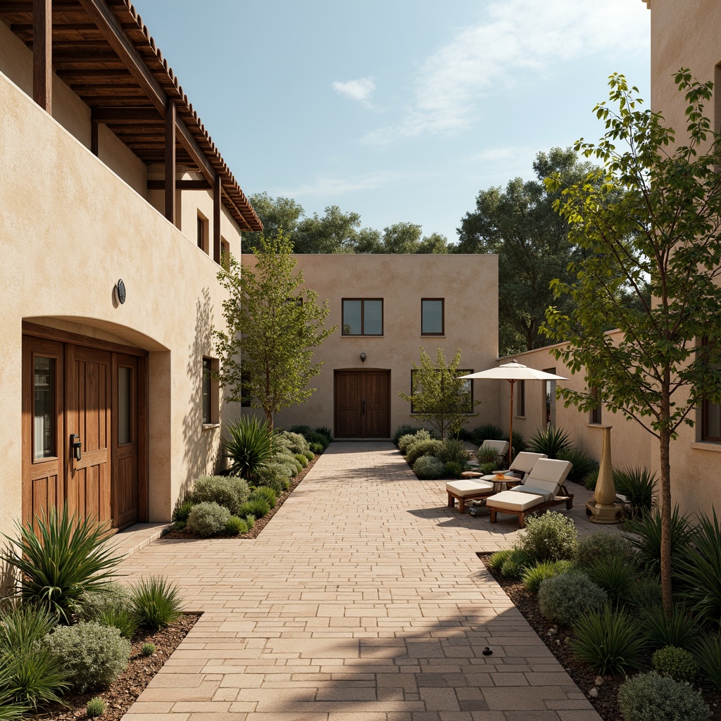 Prompt: Earthy tones, natural hues, rustic textures, weathered wood accents, vintage metal fixtures, warm beige stucco, soft sage greenery, muted terracotta roofs, distressed stone walls, worn brick pathways, faded denim blue skies, creamy whites, rich turquoises, warm golden lighting, shallow depth of field, 3/4 composition, rustic charm, nostalgic ambiance.