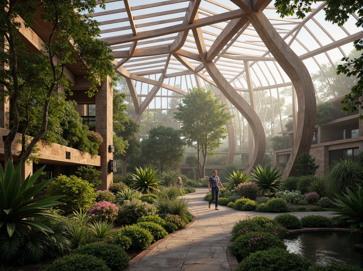 Prompt: Naturalistic greenhouse, lush tropical plants, vibrant flowers, misty atmosphere, warm soft lighting, rustic wooden beams, modern glass facades, curved lines, organic forms, sustainable materials, living walls, green roofs, water features, small ponds, natural stone pathways, serene ambiance, shallow depth of field, 1/1 composition, realistic textures, ambient occlusion.