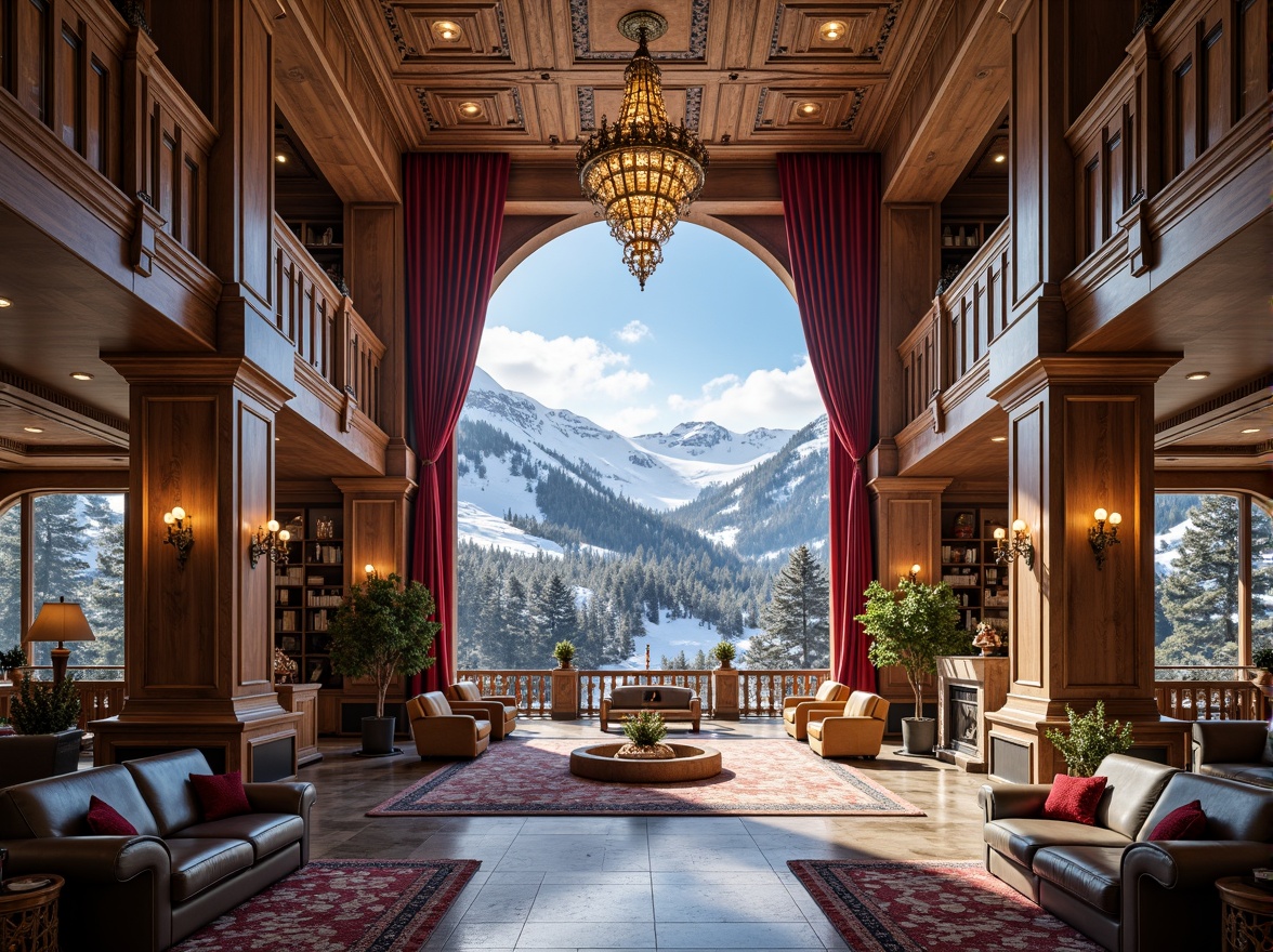 Prompt: Grandiose ski resort, opulent chandeliers, intricate marble floors, ornate wooden accents, golden leaf detailing, lavish furnishings, regal red velvet drapes, grand staircases, sweeping archways, snow-capped mountains, frosty pine trees, icy blue skies, powdery snowflakes, warm fireplaces, rich leather upholstery, luxurious amenities, ski lift machinery, snowy mountain peaks, frozen lakes, morning fog, soft warm lighting, shallow depth of field, 3/4 composition, panoramic view, realistic textures, ambient occlusion.