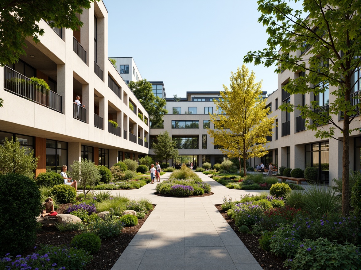 Prompt: Vibrant campus courtyard, lush greenery, natural stone walkways, modern experimental architecture, large skylights, clerestory windows, open-air atriums, minimalist design, sustainable energy solutions, solar panels, green roofs, eco-friendly materials, innovative cooling technologies, shaded outdoor spaces, misting systems, brutalist concrete structures, geometric patterns, warm sunny day, soft natural lighting, high contrast ratios, shallow depth of field, 3/4 composition, panoramic view, realistic textures, ambient occlusion.