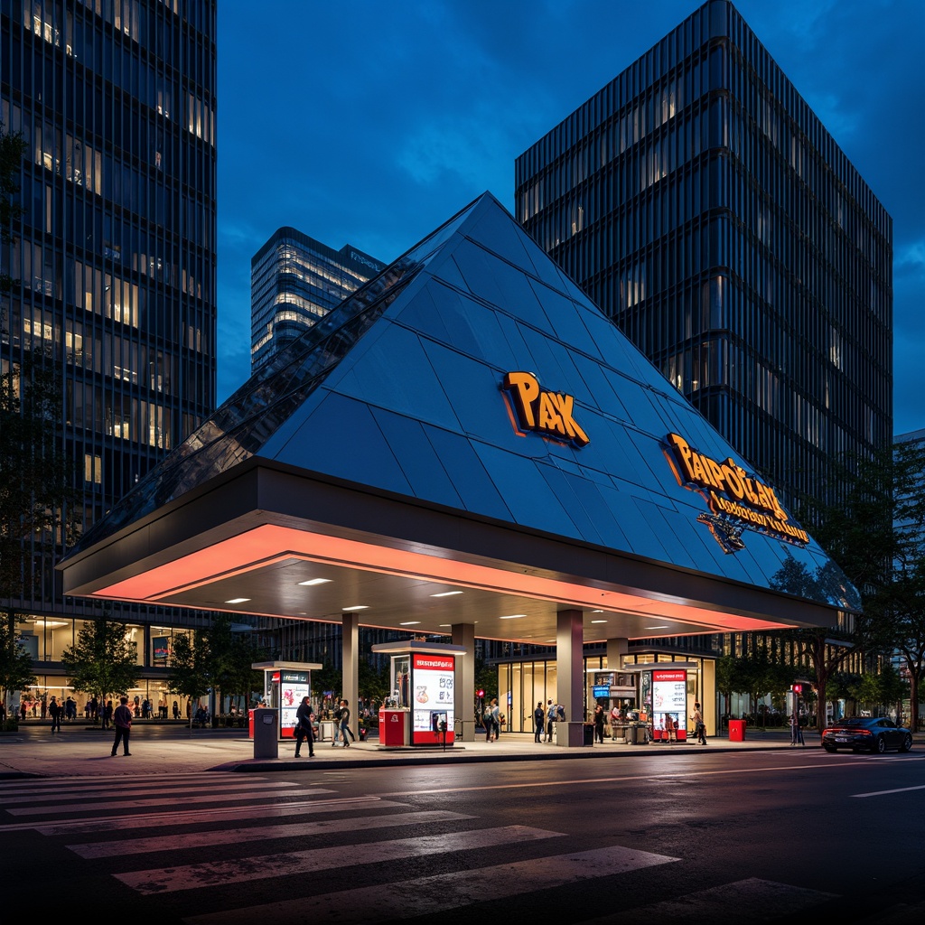 Prompt: Modern gas station, futuristic facade, sleek metal cladding, angular lines, minimalist design, vibrant neon signs, LED lighting, cantilevered roof, stainless steel accents, glass walls, industrial chic aesthetic, urban cityscape, busy streets, night scene, dramatic shadows, high-contrast lighting, 3/4 composition, shallow depth of field, realistic reflections, ambient occlusion.