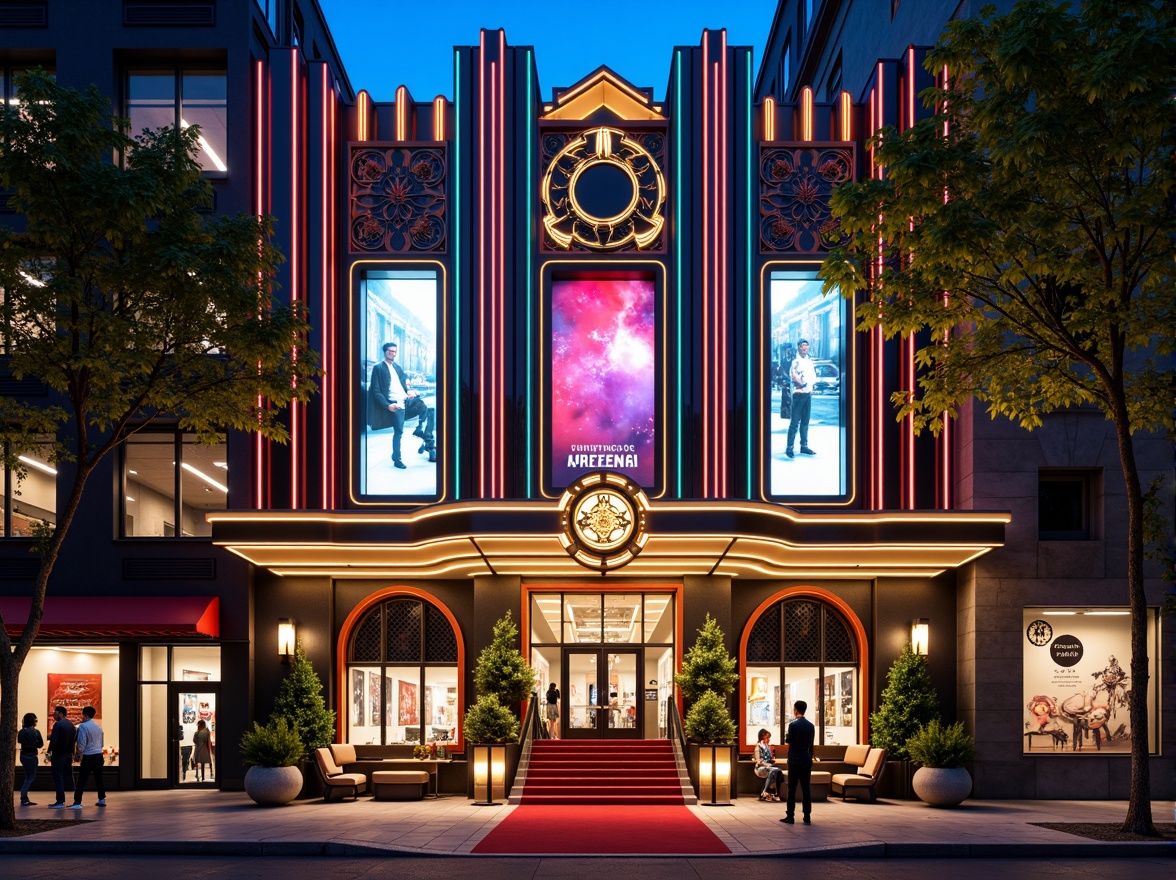 Prompt: Eclectic cinema facade, ornate decorations, intricate moldings, vibrant neon lights, Art Deco patterns, futuristic curves, luxurious materials, gold accents, red carpet entrance, grand staircase, lavish chandeliers, opulent interior designs, cinematic LED displays, dynamic architectural forms, clashing styles, bold color schemes, experimental structures, avant-garde aesthetics, urban cityscape, night scene, dramatic lighting, high contrast ratio, shallow depth of field, 2.35