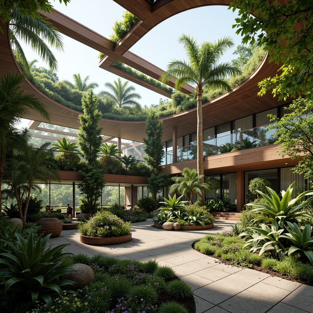 Prompt: Lush tropical plants, natural ventilation, abundant sunlight, energy-efficient systems, rainwater harvesting, green roofs, living walls, solar panels, wind turbines, recycled materials, minimal carbon footprint, organic shapes, curved lines, transparent glass facades, clerestory windows, skylights, natural stone flooring, reclaimed wood accents, earthy color palette, warm soft lighting, shallow depth of field, 1/1 composition, realistic textures, ambient occlusion.