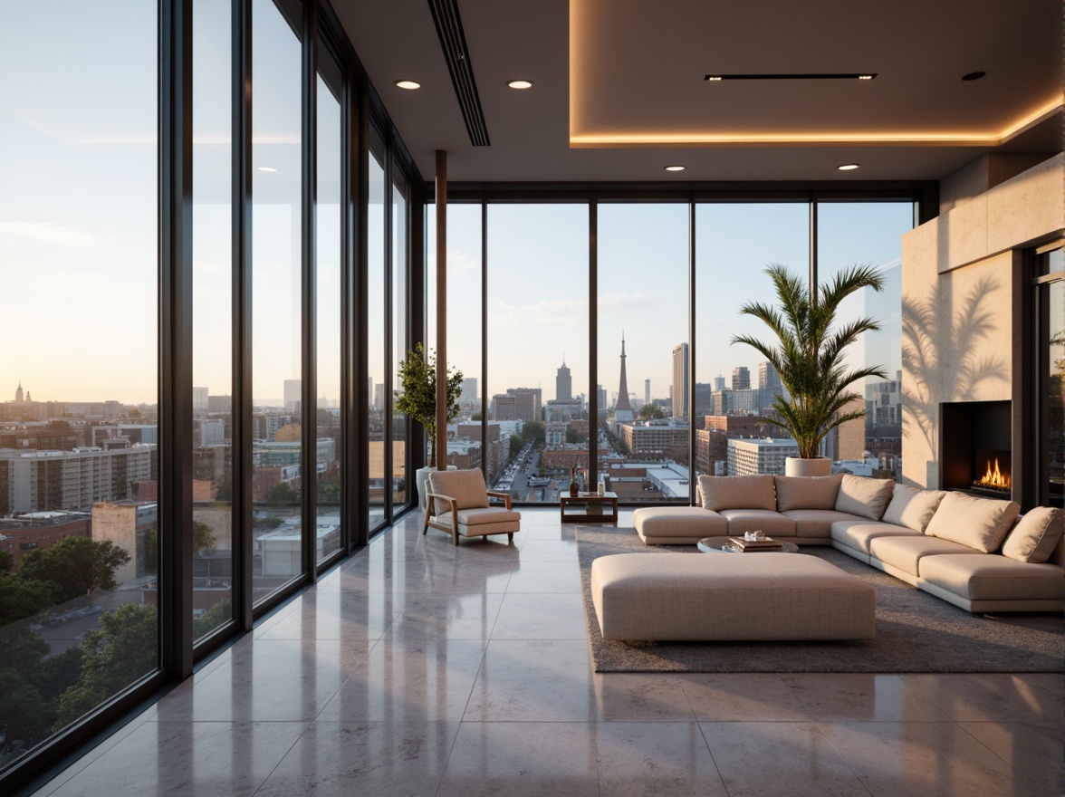 Prompt: Luxurious penthouse, floor-to-ceiling windows, panoramic city views, sleek modern architecture, minimalist interior design, reflective surfaces, polished marble floors, neutral color palette, abundant natural light, soft warm ambiance, shallow depth of field, 3/4 composition, realistic textures, ambient occlusion, urban skyline, bustling streets, morning sunlight, afternoon glow, evening twilight.