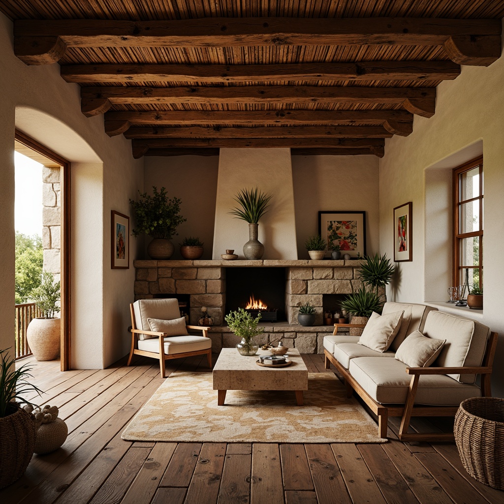 Prompt: Rustic rural farmhouse, natural stone walls, reclaimed wood accents, earthy clay roofs, woven thatch, wooden beam ceilings, distressed wooden floors, vintage metalware, handmade ceramic tiles, botanical prints, floral patterns, cozy fireplaces, soft warm lighting, shallow depth of field, 1/1 composition, realistic textures, ambient occlusion.