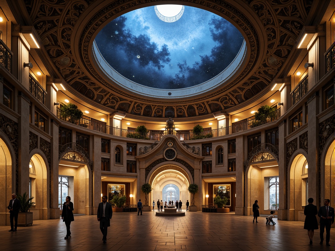 Prompt: Dome-shaped planetarium, ornate classicism fa\u00e7ade, intricately carved stonework, grand entrance archways, majestic columns, golden accents, celestial-inspired murals, starry night sky projections, subtle ambient lighting, soft warm glow, shallow depth of field, 1/1 composition, symmetrical architecture, elegant proportions, refined textures, ambient occlusion, realistic glass reflections.