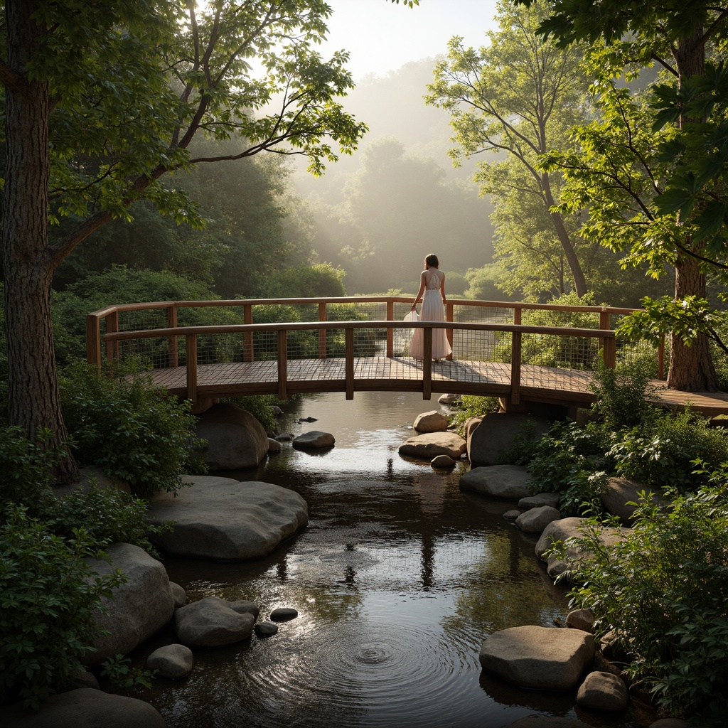 Prompt: Rustic wooden bridge, natural stone foundations, woven bamboo railings, verdant greenery surroundings, serene river flowing beneath, misty morning atmosphere, soft warm lighting, shallow depth of field, 3/4 composition, realistic textures, ambient occlusion, organic shapes, earthy color palette, sustainable building practices, eco-friendly materials, innovative structural systems, minimalist design aesthetic.