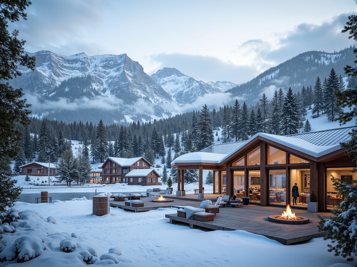 Prompt: Snow-capped mountains, lush forests, frozen lakes, ski trails, chairlifts, gondolas, rustic wooden buildings, modern ski center architecture, large windows, glass facades, natural stone walls, metal roofing, wooden decking, outdoor seating areas, fire pits, warm lighting, misty atmosphere, shallow depth of field, 1/1 composition, panoramic view, realistic textures, ambient occlusion.