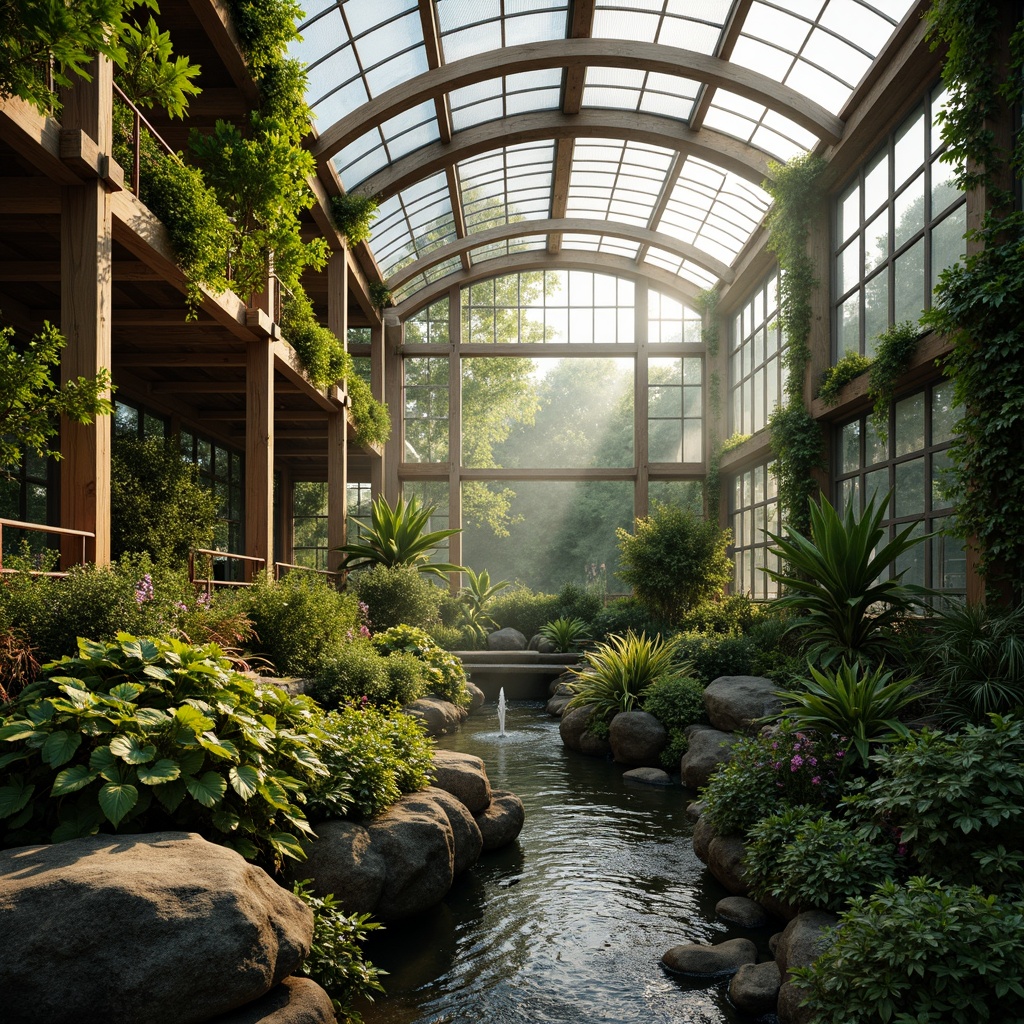 Prompt: Naturalistic greenhouse, lush vegetation, tropical plants, misty atmosphere, warm sunlight, wooden trellis, stone pathways, water features, natural rock formations, organic shapes, curved lines, earthy tones, rustic materials, living walls, green roofs, rainwater harvesting systems, solar panels, energy-efficient glazing, soft diffused lighting, 1/1 composition, intimate scale, serene ambiance, vibrant floral arrangements.