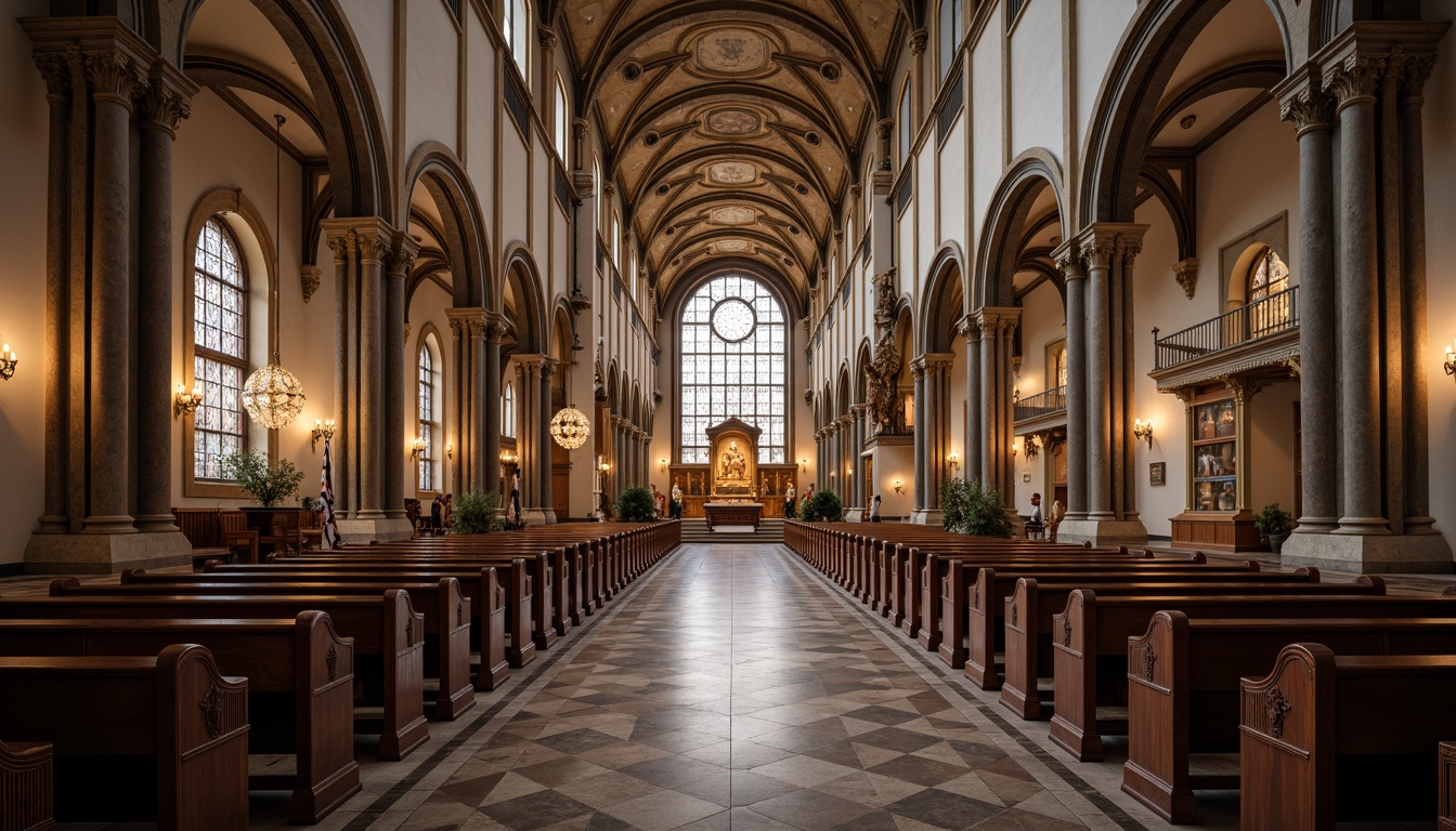 Prompt: Elegant church interior, grandiose vaulted ceilings, ornate stone carvings, stained glass windows, intricate wooden pews, polished marble floors, sacred relics, ornamental chandeliers, warm candlelight, soft ambient glow, subtle color palette, solemn atmosphere, reverent ambiance, high-angle composition, shallow depth of field, realistic textures, ambient occlusion.Please let me know if this meets your requirements!