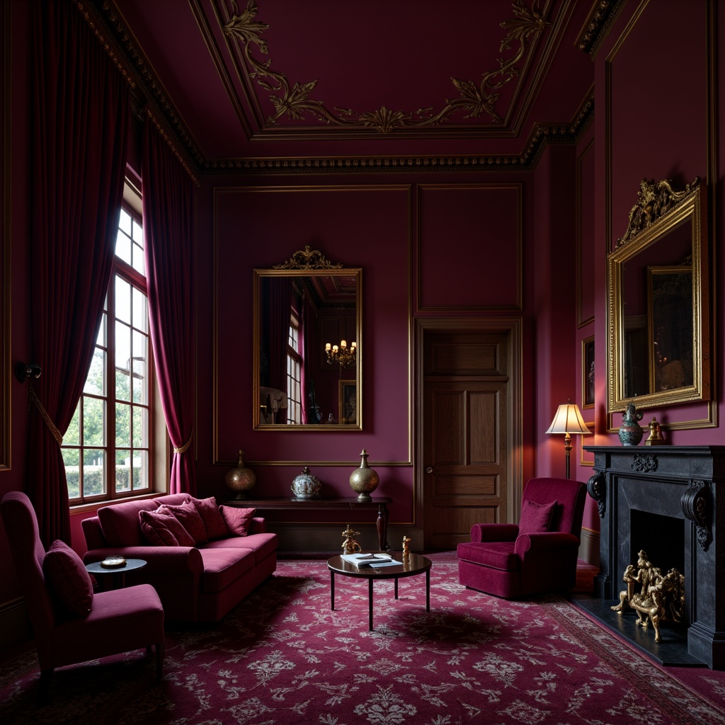 Prompt: Rich plum hues, luxurious velvet textures, ornate gold accents, lavish drapery, opulent furnishings, regal ambiance, dim warm lighting, intimate atmosphere, mysterious shadows, subtle sheen, elegant curves, sophisticated patterns, jewel-toned accessories, sumptuous fabrics, dramatic contrast, 1/2 composition, cinematic mood, soft focus, atmospheric perspective.