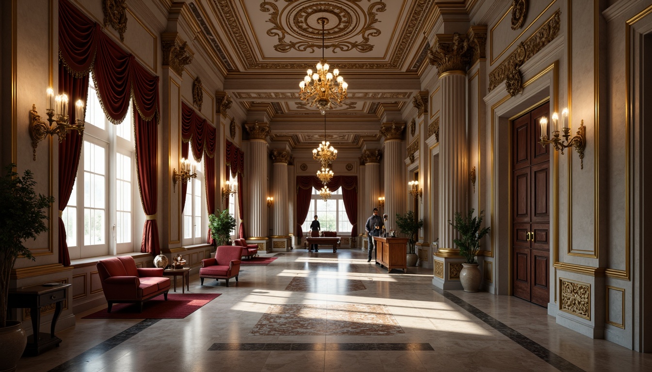 Prompt: Grand neoclassical facade, ornate stone carvings, fluted columns, intricately patterned marble floors, polished bronze door handles, opulent chandeliers, rich velvet drapes, luxurious silk upholstery, antique furniture pieces, gilded moldings, subtle warm lighting, 1/1 composition, shallow depth of field, realistic textures, ambient occlusion.