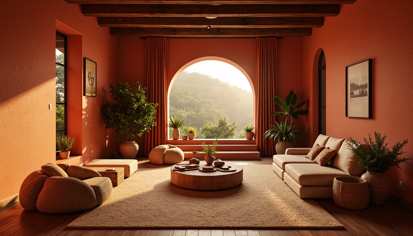 Prompt: Vibrant persimmon hues, warm earthy tones, rich terracotta accents, natural stone textures, rustic wooden elements, cozy atmosphere, intimate spaces, soft golden lighting, shallow depth of field, 1/2 composition, realistic rendering, ambient occlusion, modern minimalist decor, plush furnishings, woven baskets, potted plants, abstract geometric patterns, subtle gradient effects.