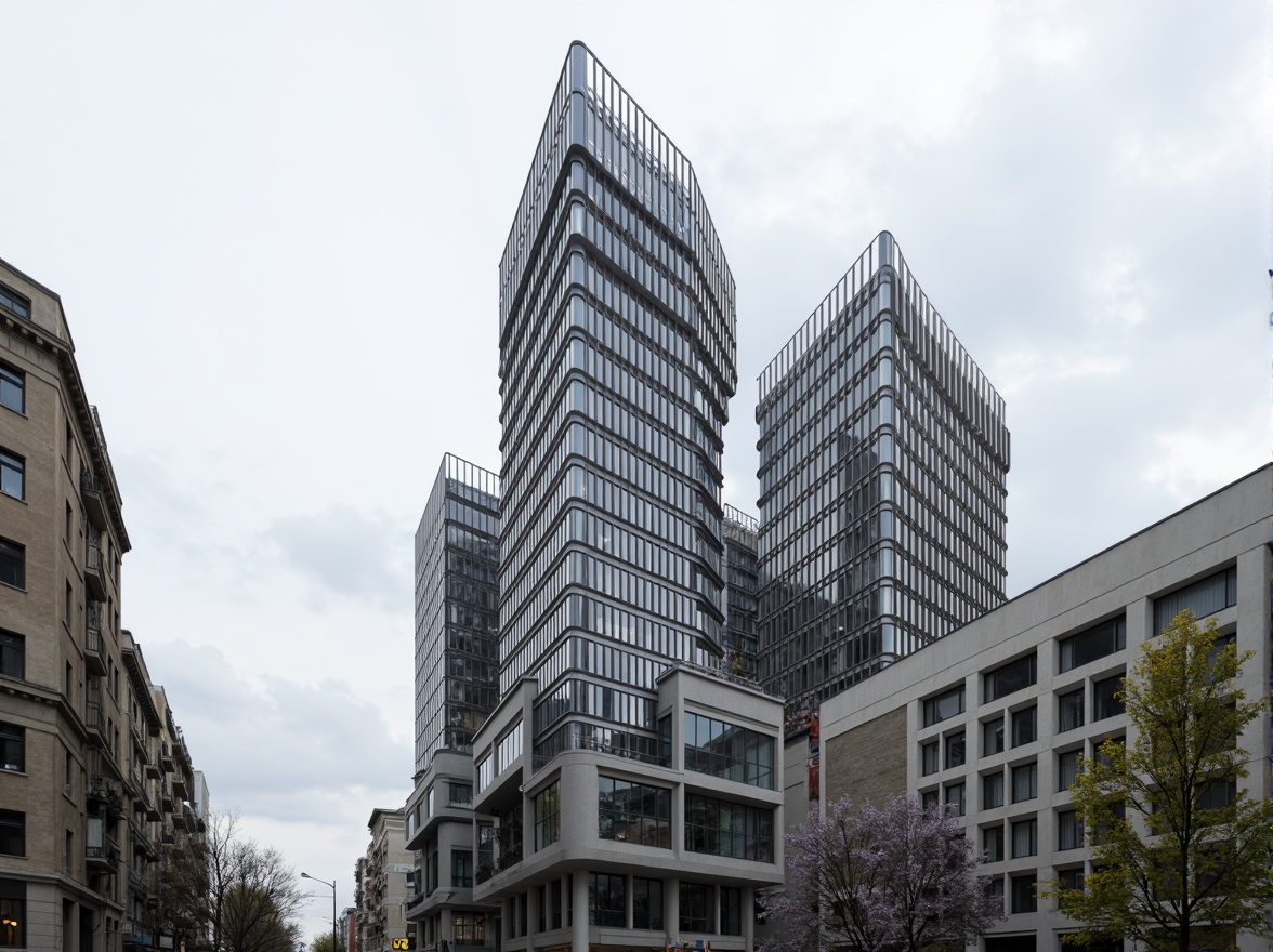 Prompt: Modernist building, sleek lines, angular shapes, minimalist aesthetic, monochromatic color scheme, polished metal surfaces, glass facades, cantilevered structures, dynamic geometric patterns, 3D modeling, futuristic ambiance, urban cityscape, cloudy sky, soft diffused lighting, shallow depth of field, 1/2 composition, realistic reflections, ambient occlusion.