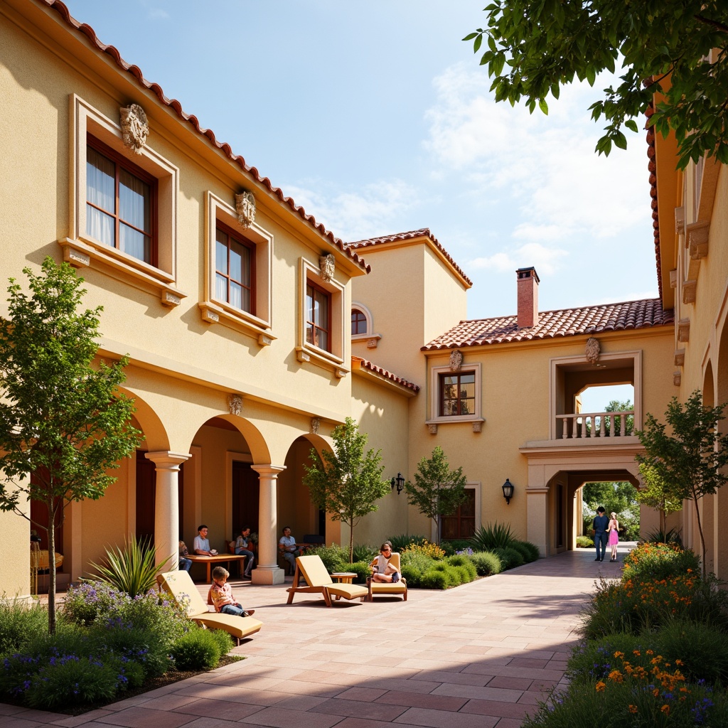 Prompt: Vibrant kindergarten, Romanesque architecture, warm beige walls, terracotta rooftops, ornate stone carvings, bright yellow accents, soft pink columns, creamy white archways, lush greenery, blooming flowers, sunny day, gentle warm lighting, shallow depth of field, 1/1 composition, realistic textures, ambient occlusion.