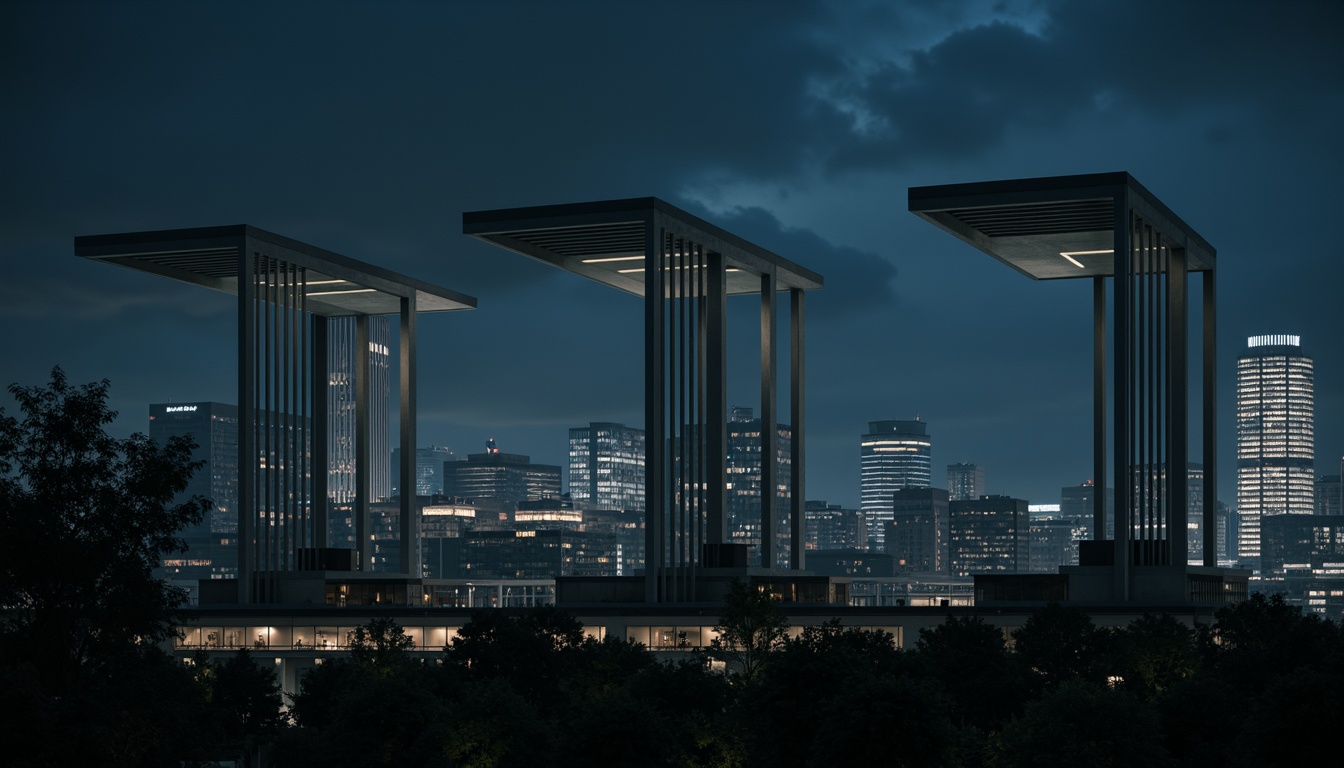 Prompt: Sleek watching towers, modernist architecture, clean lines, minimal ornamentation, rectangular forms, cantilevered structures, steel beams, reinforced concrete, industrial materials, functional simplicity, urban landscape, cityscape background, dramatic nighttime lighting, high-contrast shadows, cinematic atmosphere, 1/1 composition, symmetrical framing, deep depth of field, realistic textures, ambient occlusion.