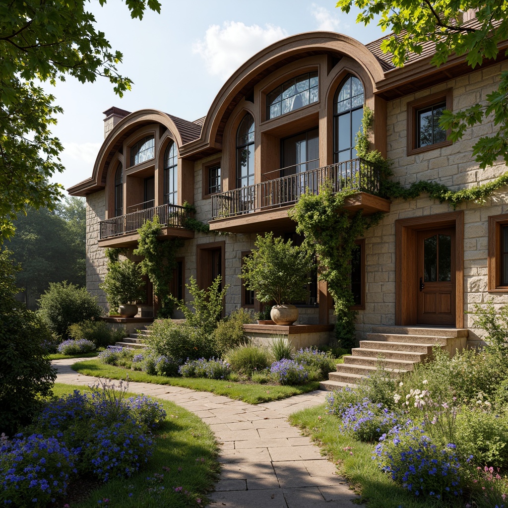 Prompt: Rustic rural cottage, ornate Art Nouveau details, sinuous lines, flowing curves, organic forms, intricate metalwork, botanical motifs, stained glass windows, wooden shutters, stone walls, verdant ivy, blooming wildflowers, warm sunny day, soft diffused lighting, 1/1 composition, intimate atmosphere, realistic textures, ambient occlusion.