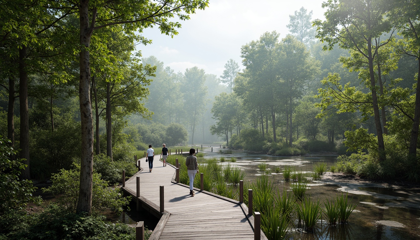 Prompt: Misty wetlands, lush vegetation, tangled mangroves, murky waters, winding boardwalks, natural wood railings, rustic benches, educational signs, thriving aquatic life, diverse bird species, sunny day, soft diffused lighting, shallow depth of field, 3/4 composition, panoramic view, realistic textures, ambient occlusion.