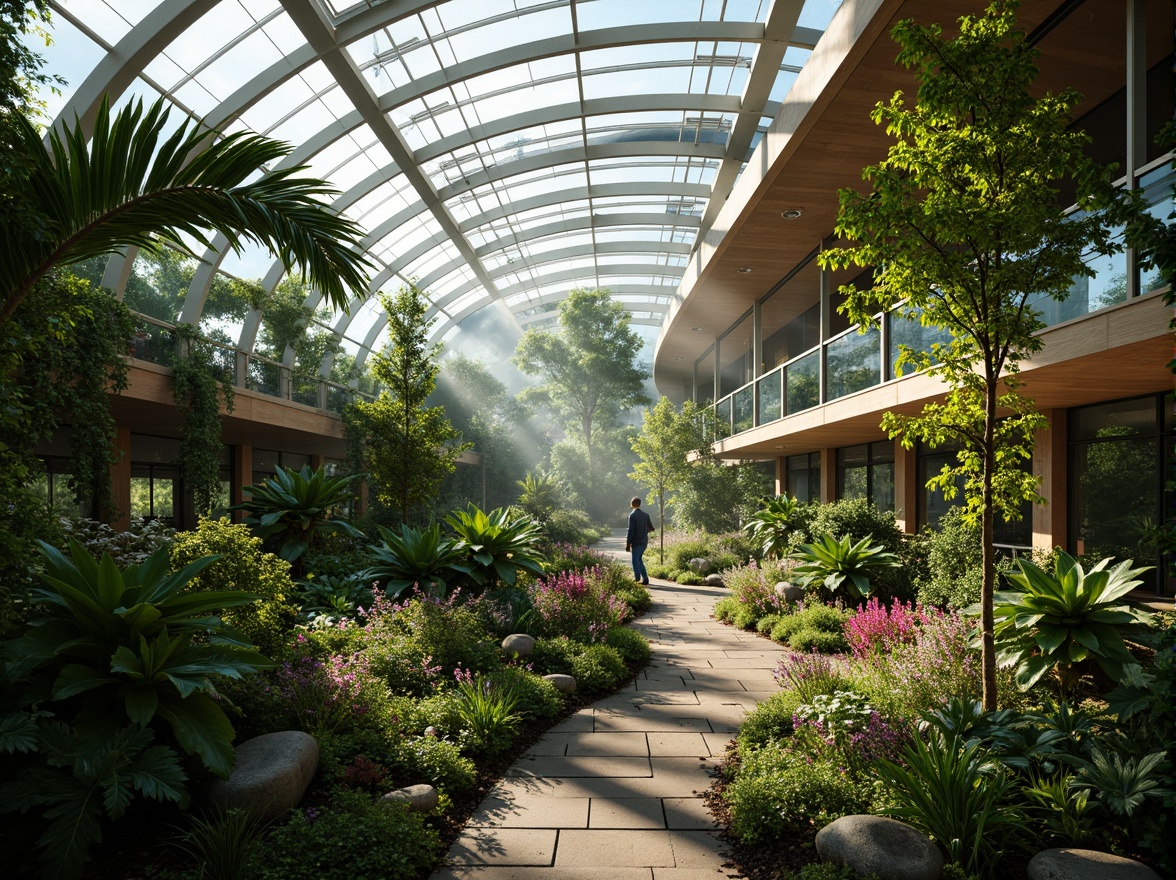 Prompt: Tropical greenhouse interior, lush foliage, exotic flowers, natural stone pathways, wooden planters, misting systems, soft diffused lighting, warm ambiance, 1/1 composition, shallow depth of field, realistic textures, ambient occlusion, modern minimalist architecture, curved glass surfaces, sleek metal frames, sustainable energy solutions, solar panels, water conservation systems, green roofs, eco-friendly materials, innovative cooling technologies, shaded outdoor spaces, serene atmosphere.