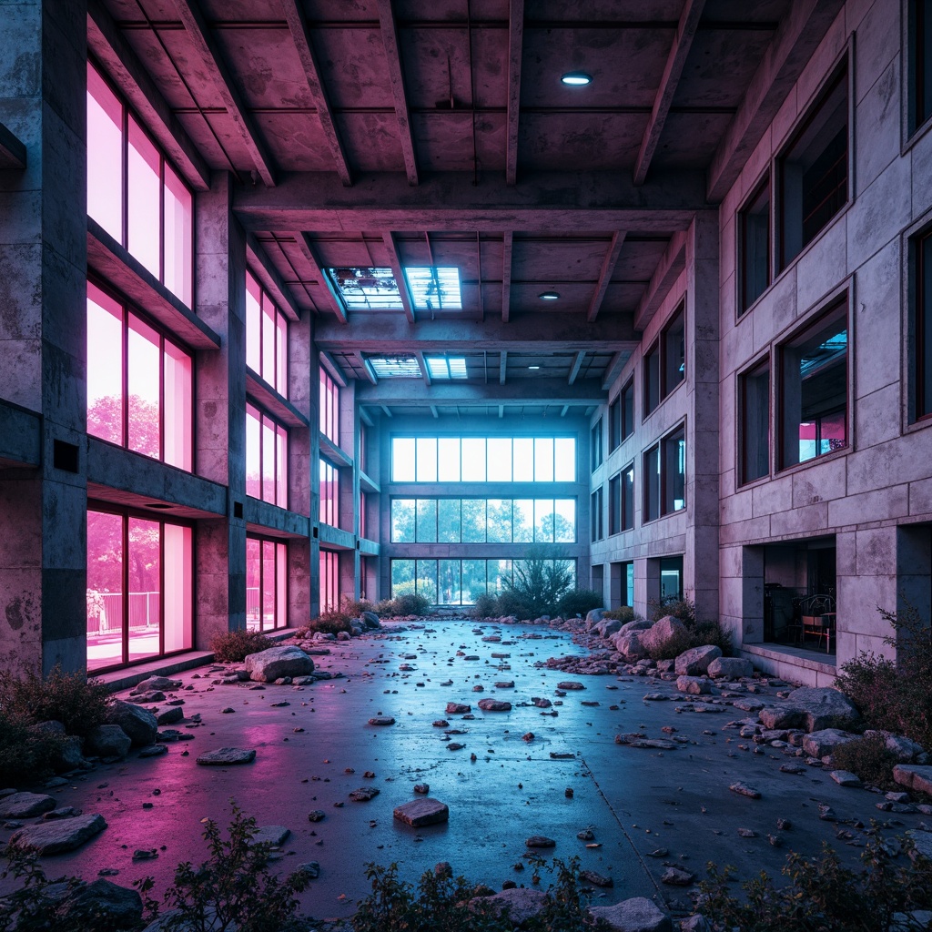 Prompt: Deconstructed gymnasium, brutalist architecture, exposed concrete walls, industrial steel beams, fragmented glass facades, abstract geometric patterns, bold color palette, neon pink accents, electric blue highlights, distressed metal textures, rough stone floors, dynamic lighting effects, high-contrast shadows, atmospheric fog effects, futuristic tone, 3/4 composition, shallow depth of field, cinematic rendering.