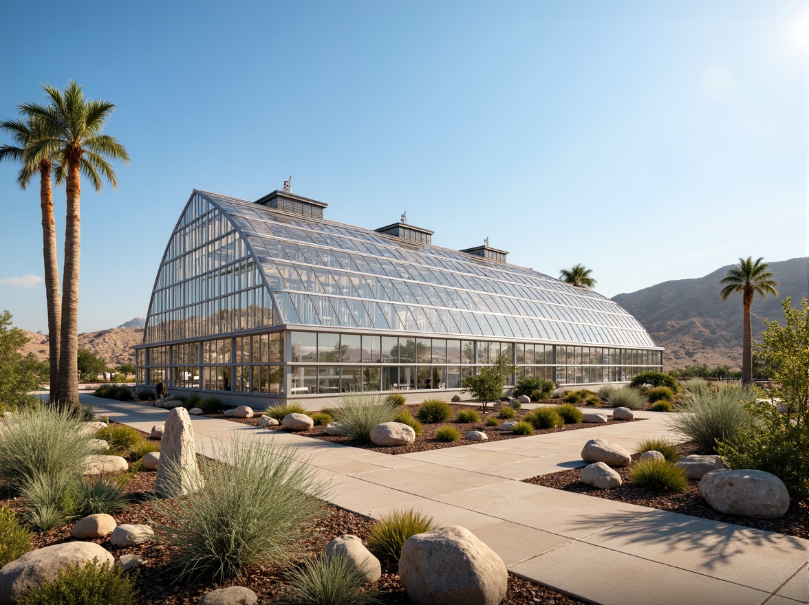 Prompt: Desert greenhouse, arid climate, hot sunny day, clear blue sky, vast open space, modern futuristic architecture, sleek metal framework, transparent polycarbonate panels, automated ventilation systems, evaporative cooling technologies, misting systems, humidity control, temperature regulation, air circulation, fog collectors, shading devices, reflective coatings, thermal mass, insulated walls, climate-controlled interior, lush greenery, tropical plants, hydroponic systems, nutrient film technique, solar-powered pumps, water conservation systems, eco-friendly materials, sustainable design.