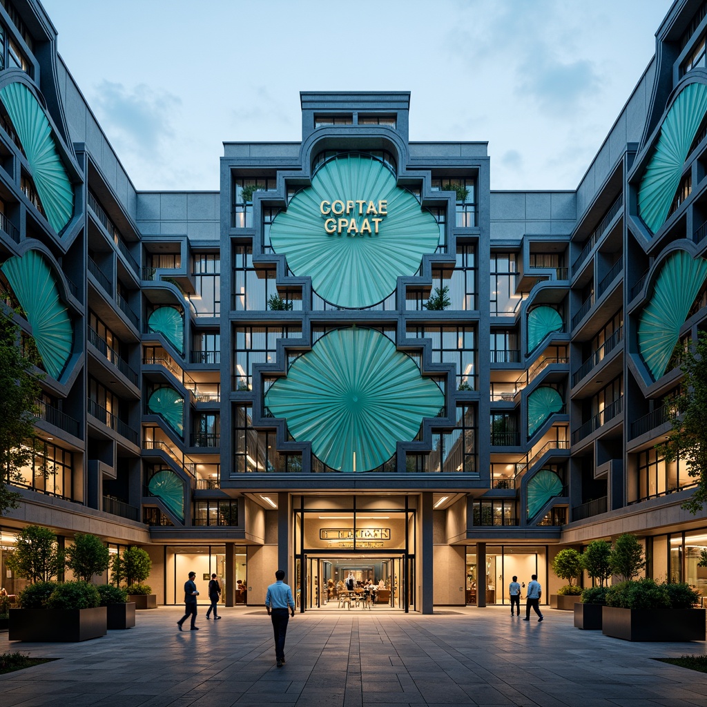 Prompt: Geometric distribution center, ornate metal gates, symmetrical facades, zigzag patterns, bold typography, vibrant turquoise accents, luxurious materials, polished chrome details, stepped silhouettes, curved lines, sunburst motifs, metallic mesh screens, grand entranceways, dramatic lighting, 1/1 composition, shallow depth of field, realistic reflections.