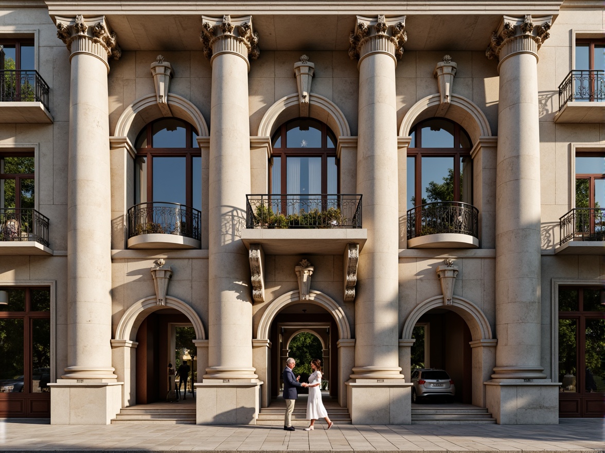 Prompt: Grandiose neoclassical facade, ornate columns, carved stonework, symmetrical architecture, imposing entrance, majestic archways, rusticated base, decorative cornices, intricate moldings, ornamental balconies, classical pediments, subtle color palette, muted earth tones, warm beige stones, refined texture details, high-contrast lighting, dramatic shadows, 1/2 composition, low-angle view, realistic rendering, ambient occlusion.