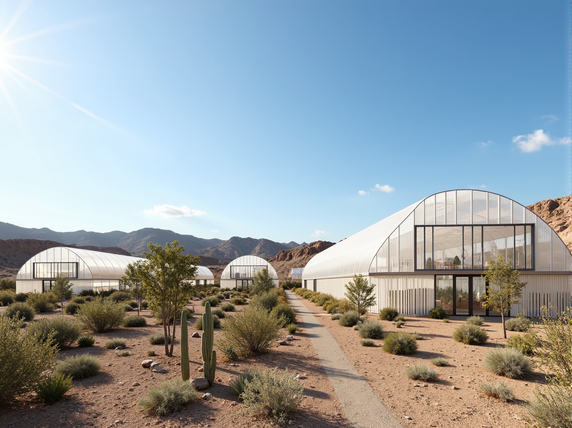 Prompt: Desert greenhouse, arid landscape, cactus plants, hot sunny day, clear blue sky, vast open space, modern sustainable architecture, transparent polycarbonate roof, automatic ventilation systems, evaporative cooling technology, shading devices, misting systems, humidification control, climate-controlled environment, optimized air circulation, reduced heat gain, increased crop yields, enhanced plant growth, natural light diffusion, reflective interior surfaces, precision irrigation systems, advanced hydroponics, futuristic agricultural design.