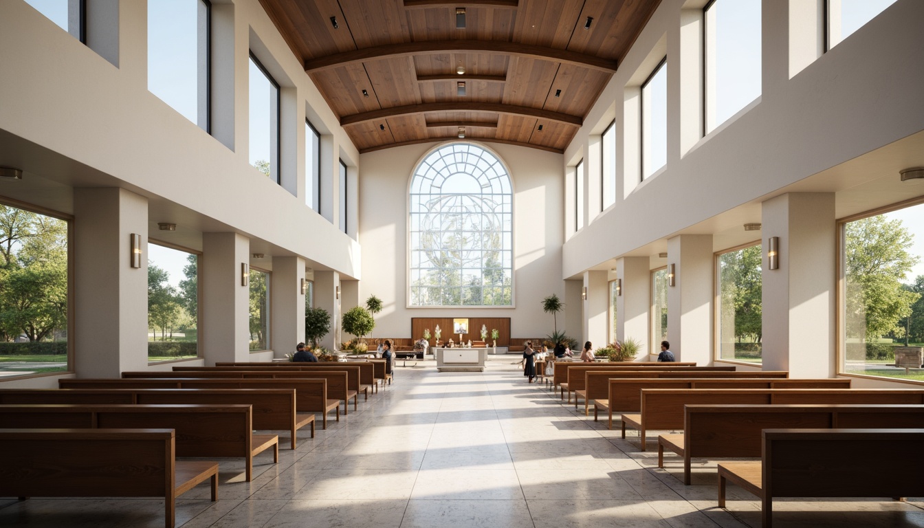 Prompt: Minimalist worship hall, high ceilings, natural light pouring in, marble floors, sleek metal accents, subtle curves, geometric patterns, abstract stained glass windows, spiritual symbols, modern pews, minimalist altarpiece, ambient soft lighting, shallow depth of field, 1/2 composition, panoramic view, realistic textures, ambient occlusion.