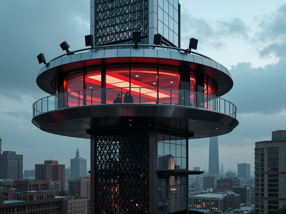 Prompt: Sleek Watchtower, metallic latticework, bold geometric shapes, vibrant primary colors, contrasting black accents, sleek glass surfaces, minimalist ornamentation, industrial materials, urban cityscape, cloudy grey sky, dramatic spotlights, high-contrast shadows, 1/1 composition, cinematic atmosphere, futuristic ambiance, neon-like lighting, atmospheric fog, moody color palette.