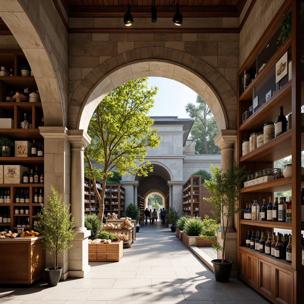 Prompt: Grand archway entrance, rustic stone columns, natural light pouring in, polished concrete floors, modern minimalist shelving, vibrant product displays, eclectic mix of industrial and luxurious materials, warm color palette, soft ambient lighting, shallow depth of field, 3/4 composition, realistic textures, ambient occlusion, bustling shopping atmosphere, fresh produce stands, artisanal bakery section, gourmet food displays, specialty wine cellar, cozy in-store caf\u00e9 area, lush greenery walls, reclaimed wood accents.