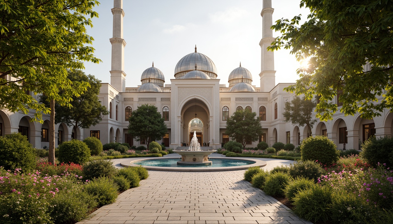 Prompt: Sacred mosque, serene courtyard, lush greenery, vibrant flowers, intricately patterned tiles, Islamic-inspired architecture, majestic domes, slender minarets, tranquil water features, natural stone walkways, ornate fountains, peaceful ambiance, warm golden lighting, shallow depth of field, 3/4 composition, panoramic view, realistic textures, ambient occlusion, spiritual atmosphere, harmonious coexistence with nature.