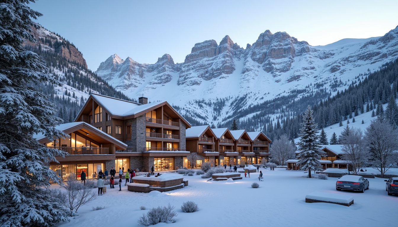 Prompt: Snow-capped mountain peaks, frosty winter air, modern ski center architecture, wooden accents, rustic stone walls, cozy fireplaces, warm glowing lighting, vibrant ski resort signage, colorful winter sports equipment, dynamic slope lines, snowflakes patterns, frozen lake scenery, misty morning atmosphere, soft focus, 1/2 composition, realistic render, ambient occlusion.