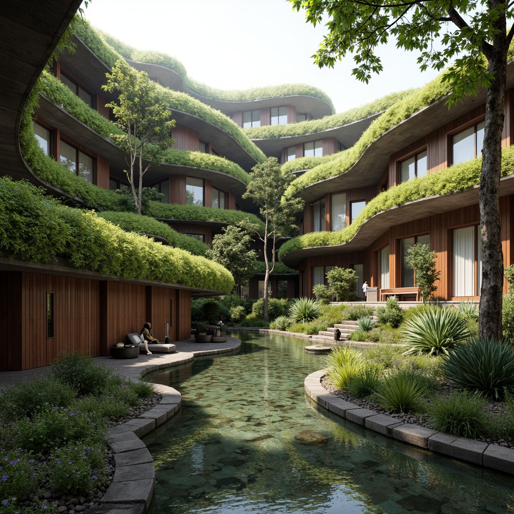 Prompt: Organic building forms, curved lines, natural stone walls, lush green roofs, verdant gardens, serene water features, meandering pathways, weathered wood accents, seamless transitions, fluid boundaries, blurring edges, soft focus, warm lighting, atmospheric perspective, 3/4 composition, cinematic view, photorealistic textures, ambient occlusion.