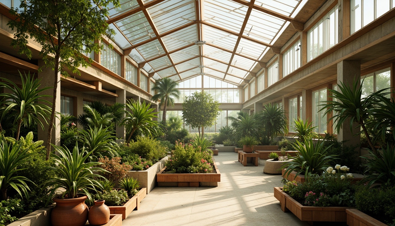 Prompt: Vibrant botanical greenhouse, lush tropical plants, warm natural light, misty atmosphere, soft diffused shadows, earthy terracotta pots, wooden trellises, organic curved lines, calming pastel hues, monochromatic green color scheme, textured stone walls, glass roof, clerestory windows, open airy space, natural ventilation systems, humid climate control, warm beige flooring, subtle gradient effects, shallow depth of field, 1/1 composition, realistic plant textures, ambient occlusion.