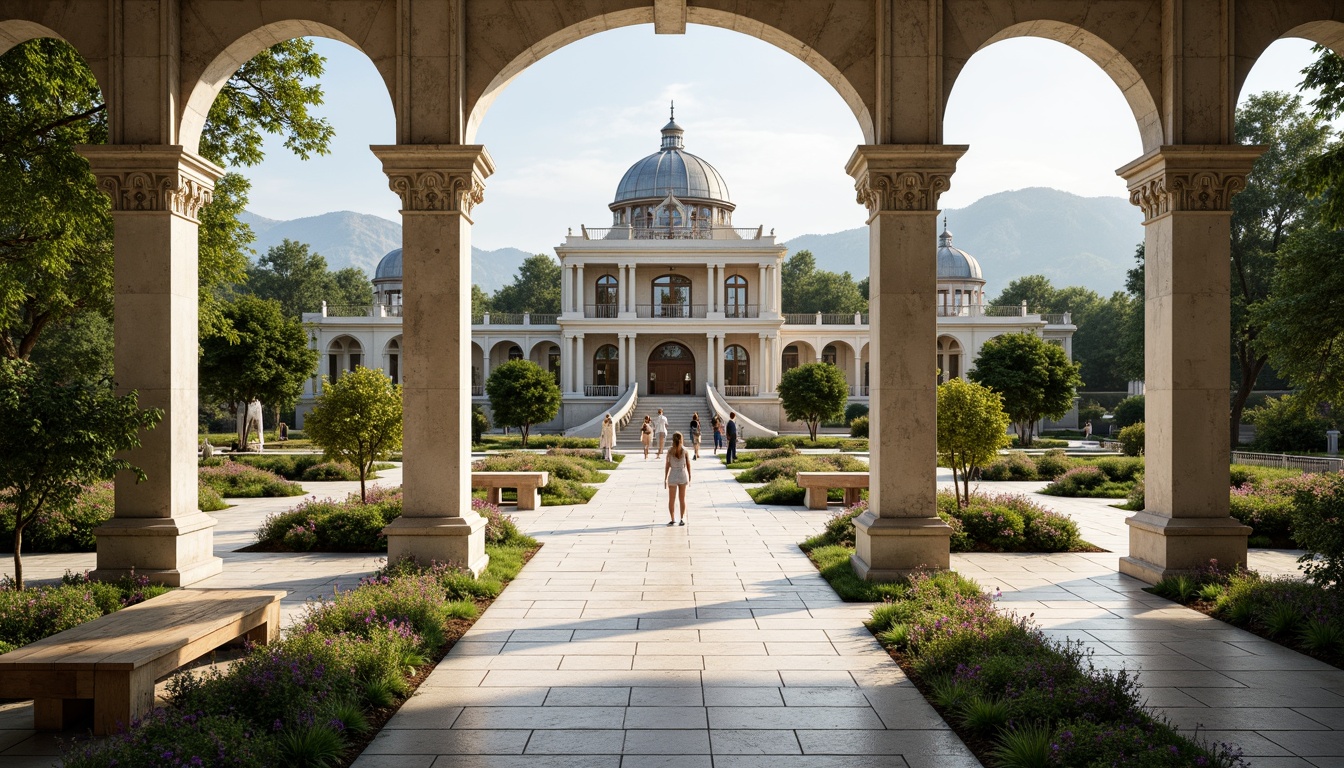 Prompt: Elegant pavilion, ornate classical columns, refined stonework, lush greenery, vibrant flowers, serene water features, walking paths, tranquil atmosphere, natural stone flooring, rustic wooden benches, soft warm lighting, shallow depth of field, 3/4 composition, panoramic view, realistic textures, ambient occlusion, symmetrical facade, harmonious proportions, grand entrance, imposing dome, subtle arches, ornate decorations, elegant sculptures, peaceful surroundings, rolling hills, distant mountains.